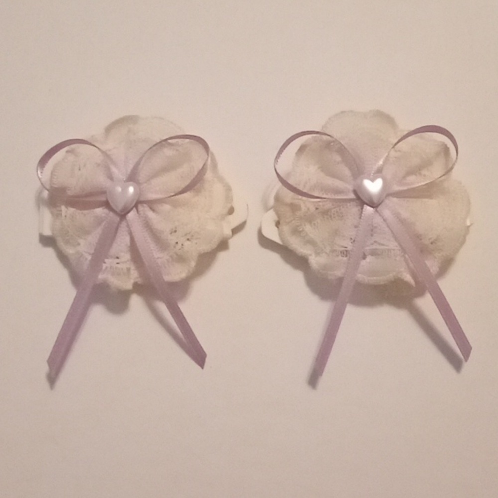 #1100. Vintage Lace, Purple Ribbon And Heart Children's Barrettes